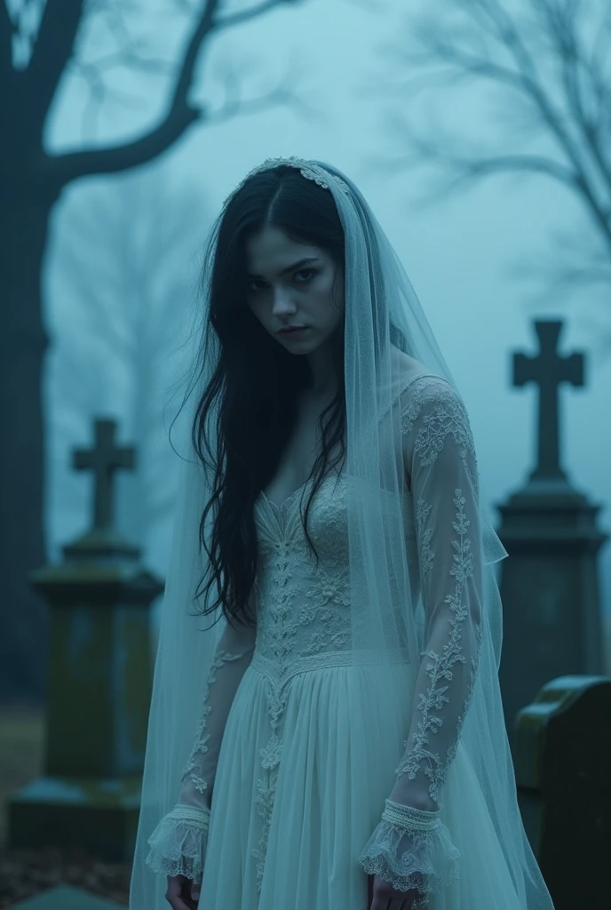 "A dark fantasy scene inspired by 1980s live-action films, featuring a human actress portraying the Bride. She has pale, blue-tinted skin, large expressive eyes, and long, dark hair. The actress wears a tattered wedding gown with a delicate veil, and the scene is set in a foggy graveyard with twisted trees and old tombstones. The lighting is cold and eerie, with a bluish glow that highlights her ghostly appearance. The colors are muted, focusing on cool blues and greys, with deep shadows creating a gothic atmosphere. The scene has a soft, filmic quality, reminiscent of classic fantasy films, blending dark beauty with a haunting mood."
