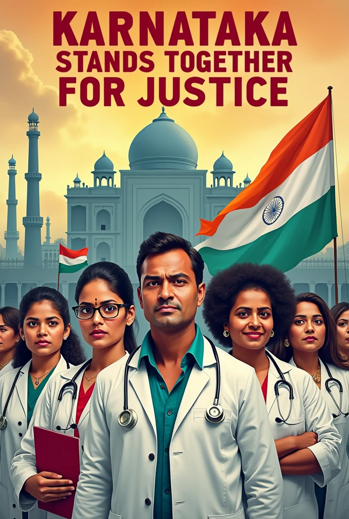 Generate an poster of doctors medical protest against rape case . Heading text as Karnataka stands together for justice Rape cases of india 2024
Title as (KARNATAKA STANDS TOGETHER FOR JUSTICE ) and many men and women doctors protesting against rape case in india