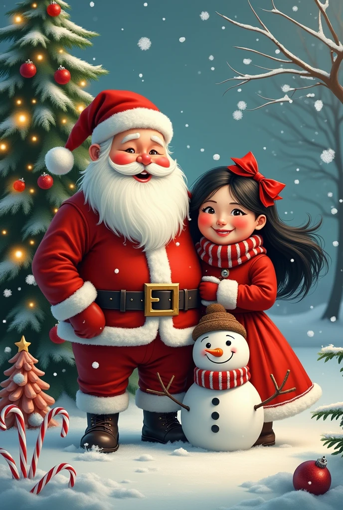 Santa Claus with his chubby wife black hair candy canes snowman snowflakes Christmas tree 