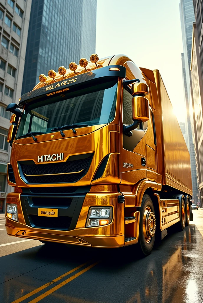 Luxury gold-colored modern truck with 8 mirror-colored cameras with a writing that says HITACHI 