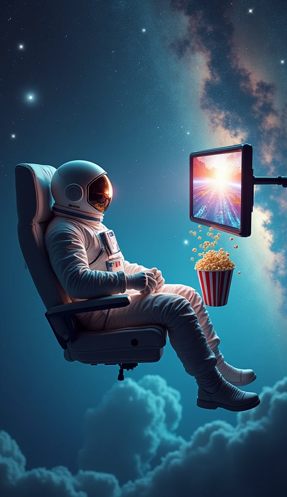 Astronaut sitting in a chair floating in space watching television with a bucket of popcorn