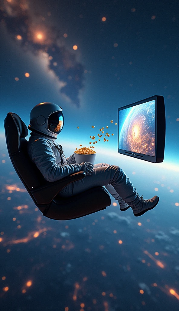 Astronaut sitting in a chair floating in space watching television with a bucket of popcorn 