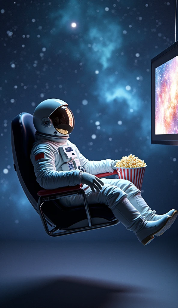 Astronaut sitting in a chair floating in space watching television with a bucket of popcorn