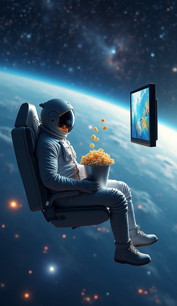 Astronaut sitting in a chair floating in space watching television with a bucket of popcorn