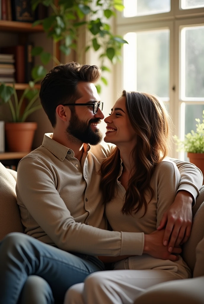 3 pictures of Man with specs and beard hugging pretty girlfriend in the house romancing