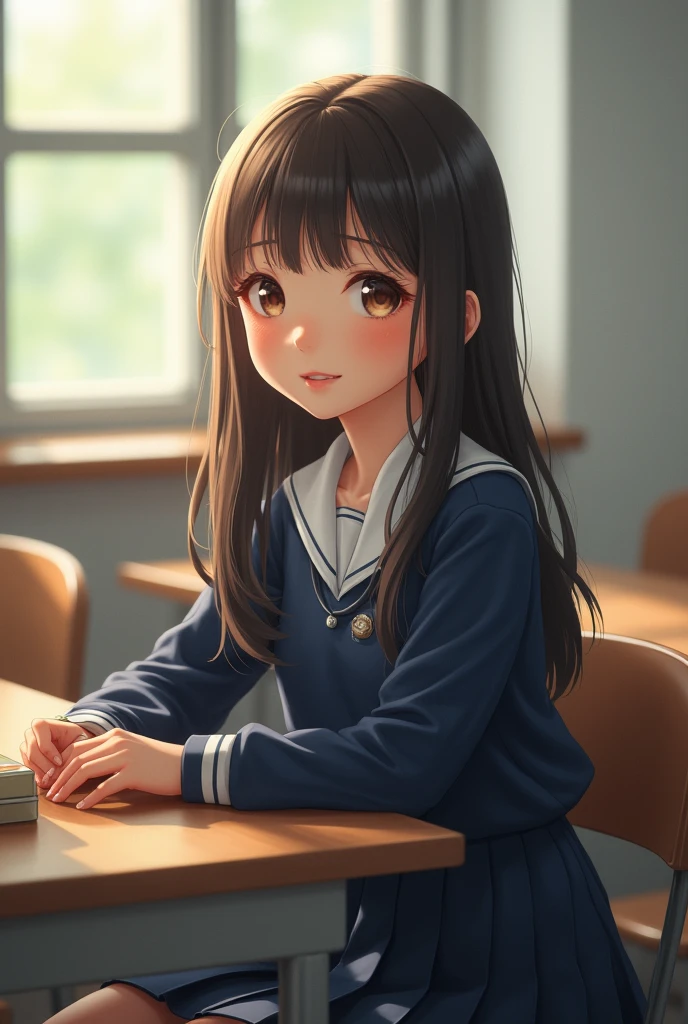 Highest quality, Face Focus, Soft Light, Ultra-high resolution, (Realistic:1.4), RAW Photos, 1 Japan, alone, cute, (A shy smile:0.5), (Brown eyes, Light in your eyes), Beautiful face in every detail, (Small box),(High resolution detail of human skin texture), (Short Bob Hair), break, In the classroom,Navy uniform, Best, skirt