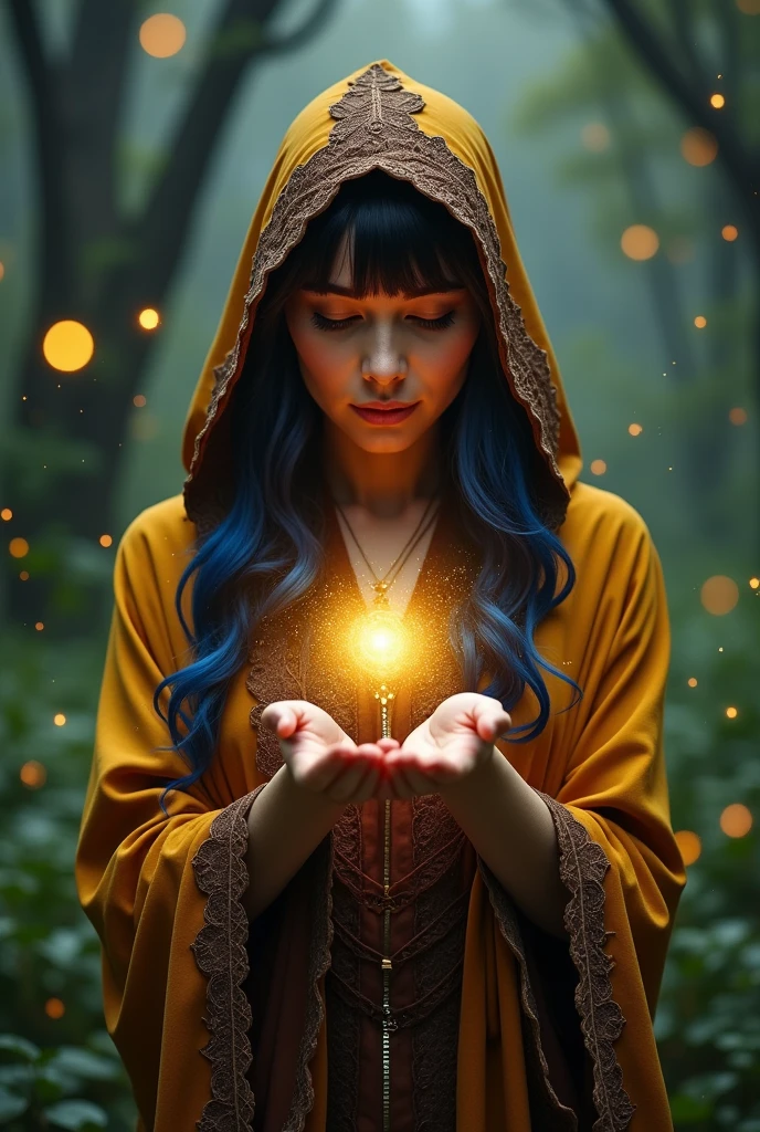 brunette woman. Looks 50 years old, Black hair highlighted with blue. Dressed in a golden hood with brown lace, around you shine small colorful fireflies, little fairies a magician doing magic with her hands from where they went a circular ball of light. The palms of the hands facing each other, right above left, and the ball of light in the middle of them like a large spiral of golden dust. Healing love magic power.