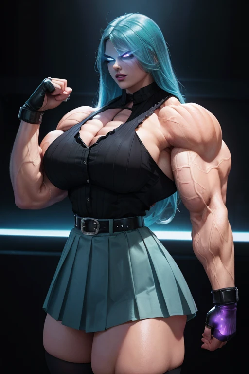 ((Close-up)), tall, (cyan hair) beautiful muscular woman, long beachy hair, pale white skinned, large breast, closed smile, (black lipstick), (massive muscles), (hyper muscle), ((ginormous bulky muscles)), ((glowing purple eyes)), (((sleeveless black pleated shirt))), (((cyan long pleated skirt with belt))), (fingerless gloves), necktie, thigh highs, in a dark rooftop, 