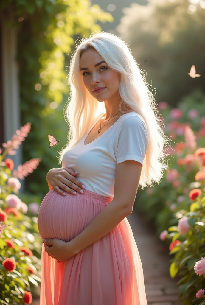 9 months pregnant long white hair dark blue eyes wearing white t-shirt and little pink skirt