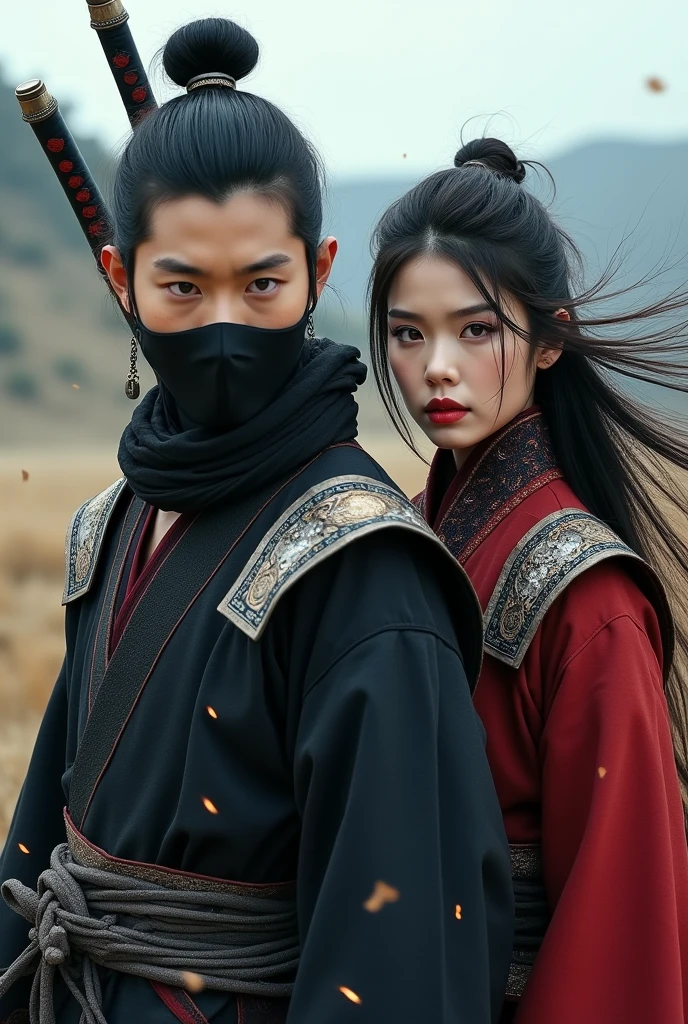 professional photo, portrait of a handsome 19 year old Korean man with hair in a bun, wearing a sninobi costume complete with , with his mouth covered in a black veil, red eyes on the right side and blue on the left side standing with a sharp gaze, behind his back is a katana sword, standing with a beautiful woman with long, flowing hair, a charming face, luscious red lips, beautiful eyes of the same color, wearing the same costume, complete with an iron-armor visor, her loose hair flying in the gentle breeze, the beautiful woman smiled sincerely with one hand. holding the man's shoulder, the background is a barren field with a high hill behind them, the picture is very realistic, with the effects of sparks and wind and flying dust, the picture has a slight 3-dimensional touch, very interesting, extraordinary picture, cinematic , photographic