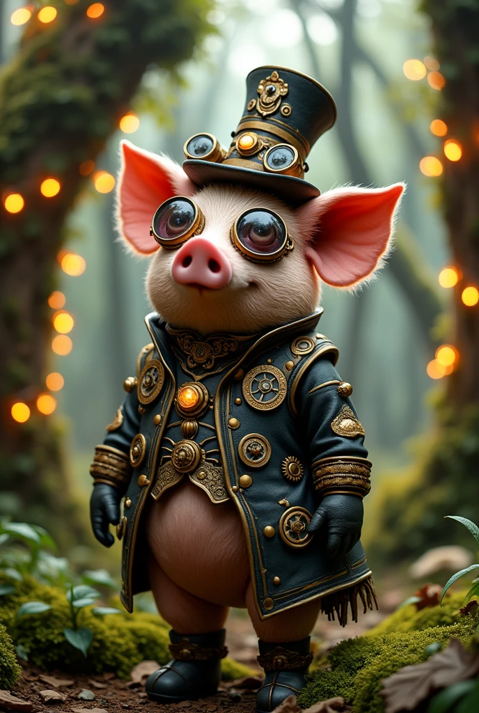 Un personnage de cochon fantaisiste portant un costume excentrique, chapeau et lunettes d'inspiration steampunk, divertir un public diversifié dans un décor forestier magique, dégageant un sentiment d'émerveillement et d'enchantement, Sculpture, sculpture finement fabriquée à la main avec des détails steampunk, --avec 1:1 -- sur 5
