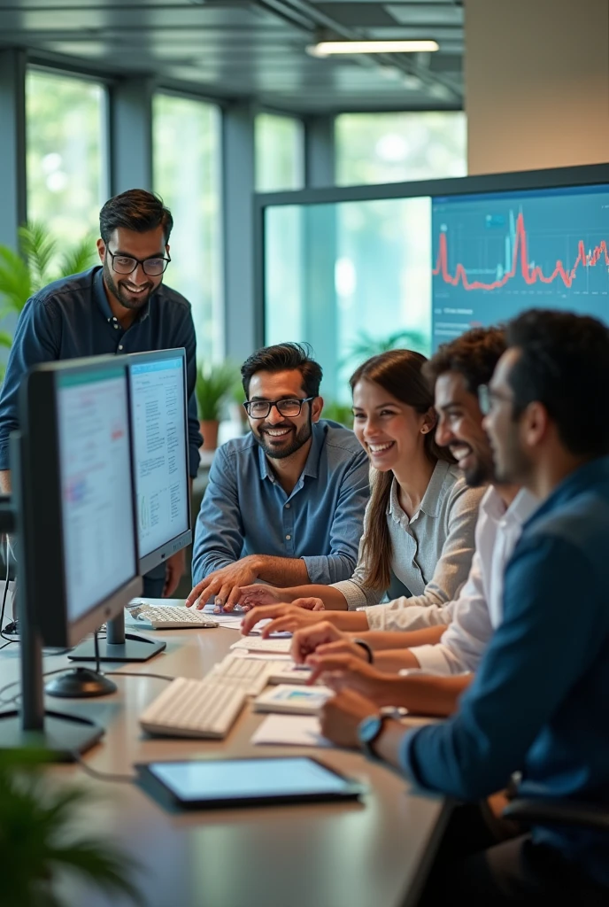 Indian citizens in a modern workspace with technology working together and smiling