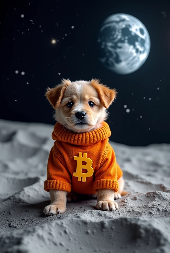 Create a puppy dressed in an orange hat sweater, with the bitcoin symbol on the front of the shirt on the moon.