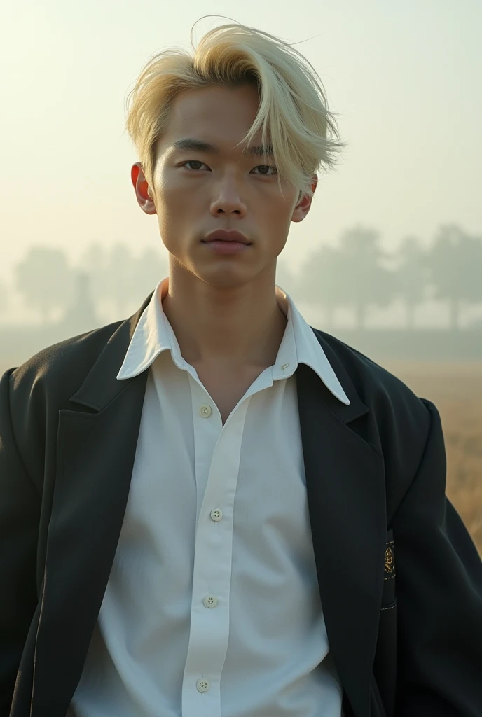 Cao Cao,blonde with very short hair, black-eyed european ,with a white polo button-down shirt and a very loose formal-style coat on top , stark