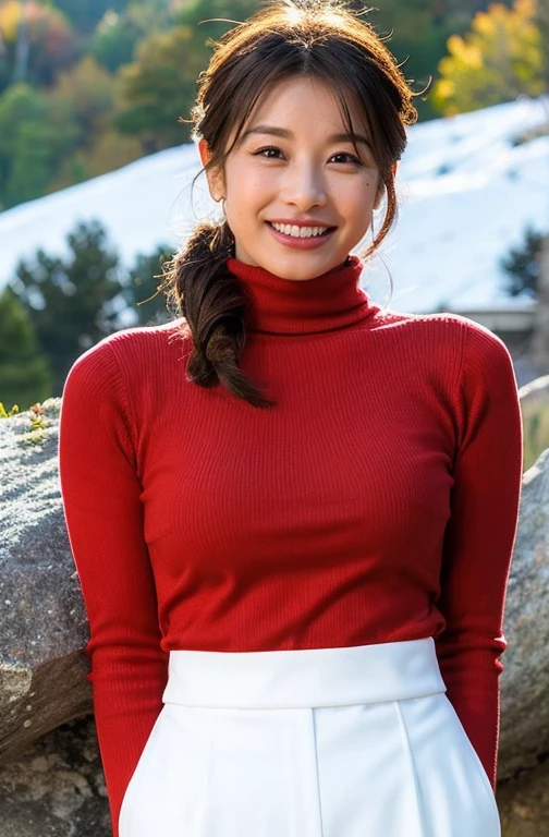 ((highest quality)), ((masterpiece)), (detailed),Well-formed face、Huge breasts、smile、Large areola、Deep in the mountains、Strange breasts、Super saggy breasts、Turtleneck long sleeve tight knit、Chino pants