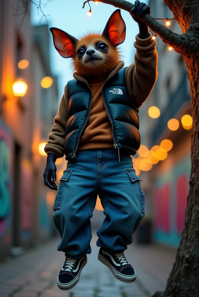 Bat wearing baggy jeans ,a North Face vest and some Vans knu 