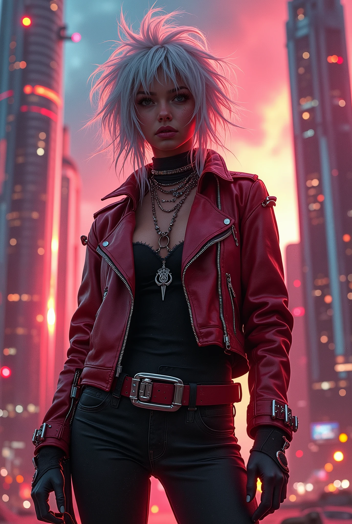 Une Civilisation ExtraPlanétaire basée une Ressource le Rodhium. Une Jeune femme Shérif Cheveux Court d'Argent Sauvage ((Hautement Détaillé de Haute Qualité,)) Science Fiction, (Rodhium Punk City). (Explore Reds Chrome Colors)