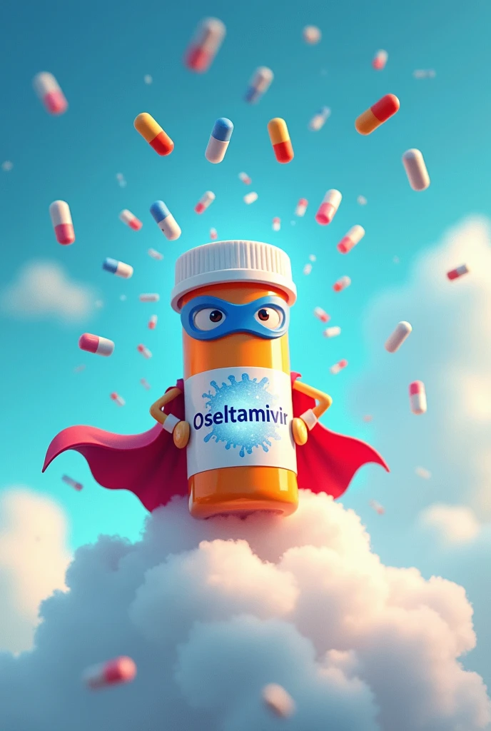 A medicine bottle with pills that has the name oseltamivir animated like Disney and has a mask and cape like a superhero