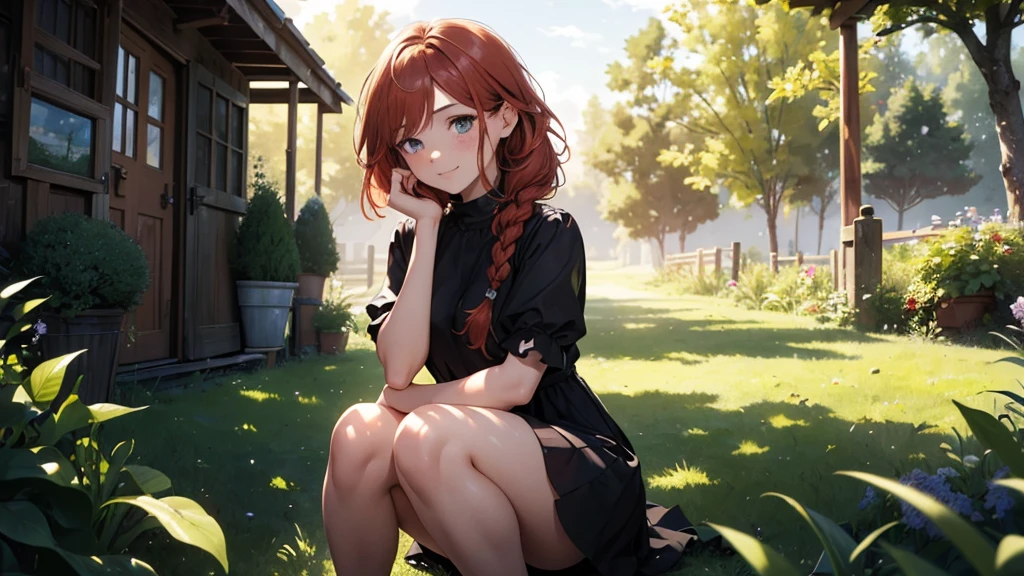 ((masterpiece,best quality,ultra detailed,ultra high res,detailed country yard background)), soft realistic focus, dynamic shadows, realistic image, vibrant colors,light leaks,dreamy atmosphere,chiaroscuro,BREAK
experimental charm, The girl is depicted in full growth, you see the girl from head to toe, nostalgic appeal, country girlfriend, she take you with yourself, simple open short dress, soft mischievous smile, freckles, shiny light red hair, she will take your hand, thick braids, slow chill electronic music