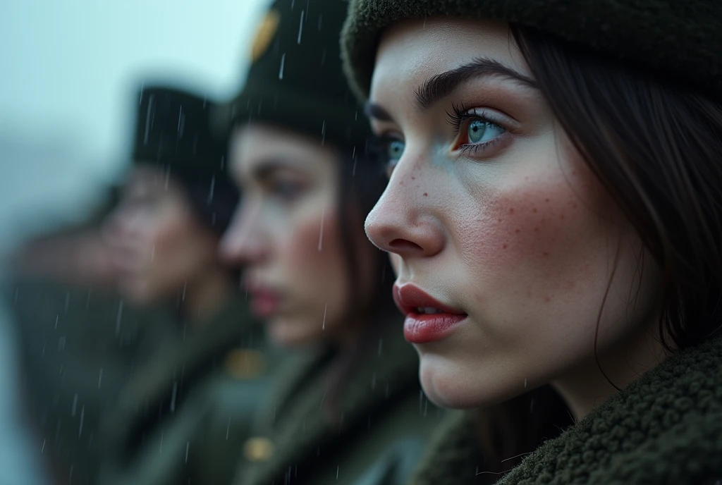 Up close, observe several cold white Russian women in uniforms with beautiful faces. Rainwater flows down their cheeks as they line up in an outdoor parade ground. This photo was taken while it was raining, with cinematic lighting, ultra clear and detailed facial features. Close up shots have photo quality and high resolution. Facial makeup, healthy lip color, no officer hat, no hat