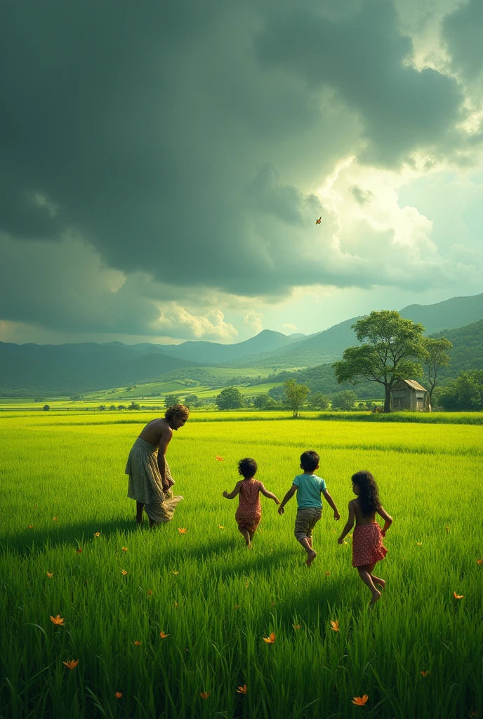 A beautiful Indian countryside.  Children are playing in the field . A farmer is working in the field.  The sky is cloudy going to rain. 