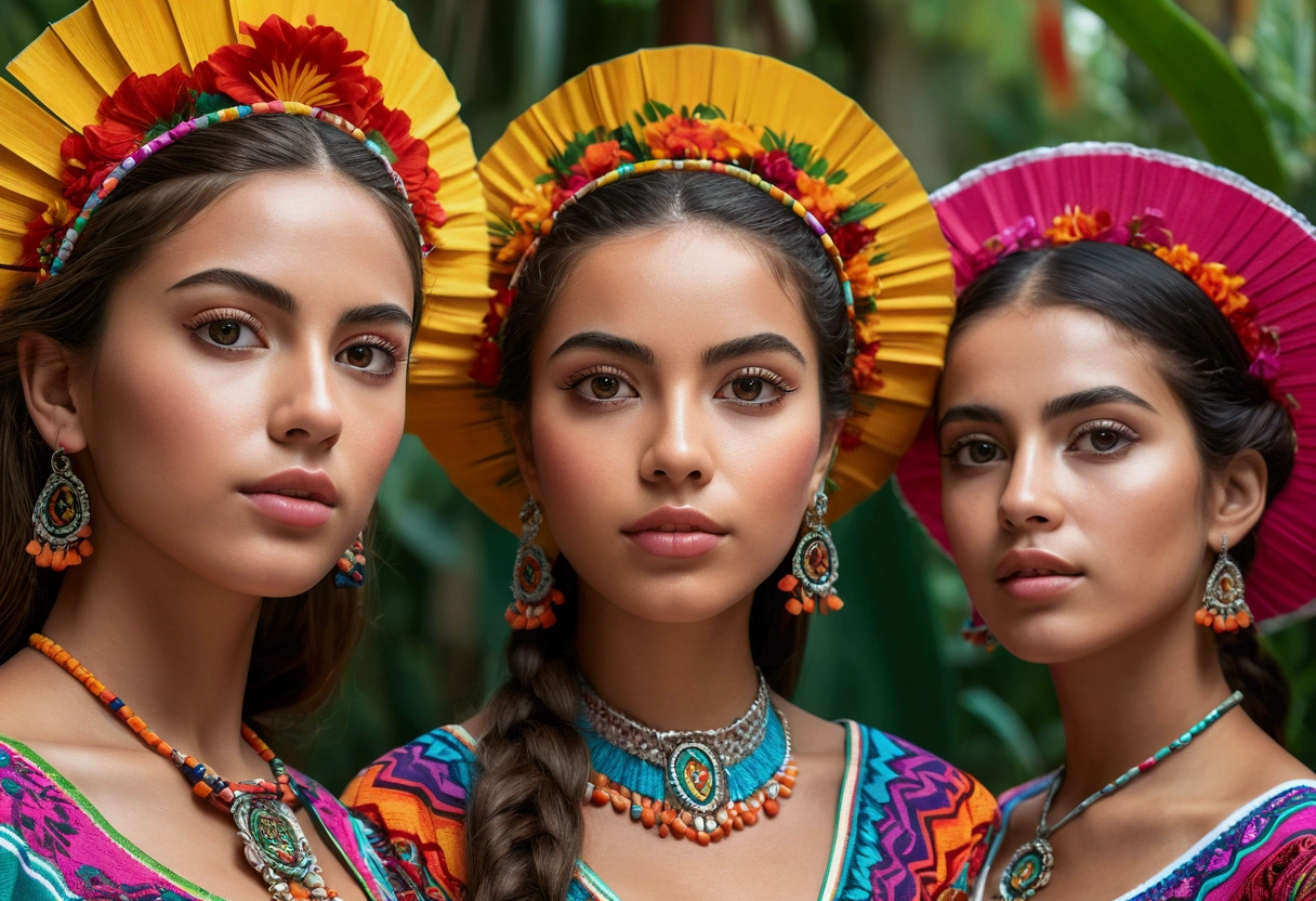 4 beautiful mexico girls, beautiful detailed eyes, beautiful detailed lips, extremely detailed eyes and face, long eyelashes, athletic athletic bodies, colorful traditional mexico dresses, tropical garden background, (best quality,4k,8k,highres,masterpiece:1.2),ultra-detailed,(realistic,photorealistic,photo-realistic:1.37),vibrant colors,natural lighting,cinematic composition,intricate details,highly detailed facial features