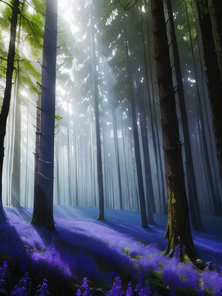 arafed forest with bluebells and trees in the morning, in serene forest setting, magical forest in the background, really beautiful forest, beautiful forest, beautiful misty wood, german forest, in beautiful woods, extremely beautiful and ethereal, peaceful lushious forest, serene forest setting, forest with flowers blue, magical forest, by Charmion von Wiegand, blue forest