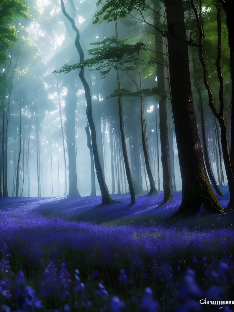 arafed forest with bluebells and trees in the morning, in serene forest setting, magical forest in the background, really beautiful forest, beautiful forest, beautiful misty wood, german forest, in beautiful woods, extremely beautiful and ethereal, peaceful lushious forest, serene forest setting, forest with flowers blue, magical forest, by Charmion von Wiegand, blue forest