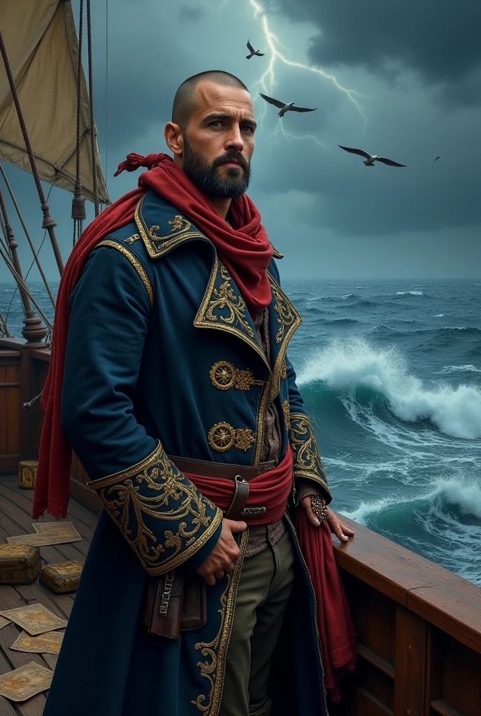 A full picture of a shaved captain pirate.