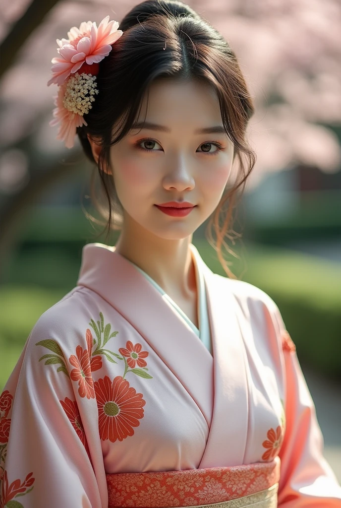 An elegantly dressed Japanese woman in natural light、A close-up of her chest and calm expression.、It shows her inner peace and outer charm.。