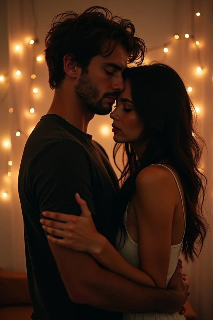 Sad couple hugging his girlfriend from behind