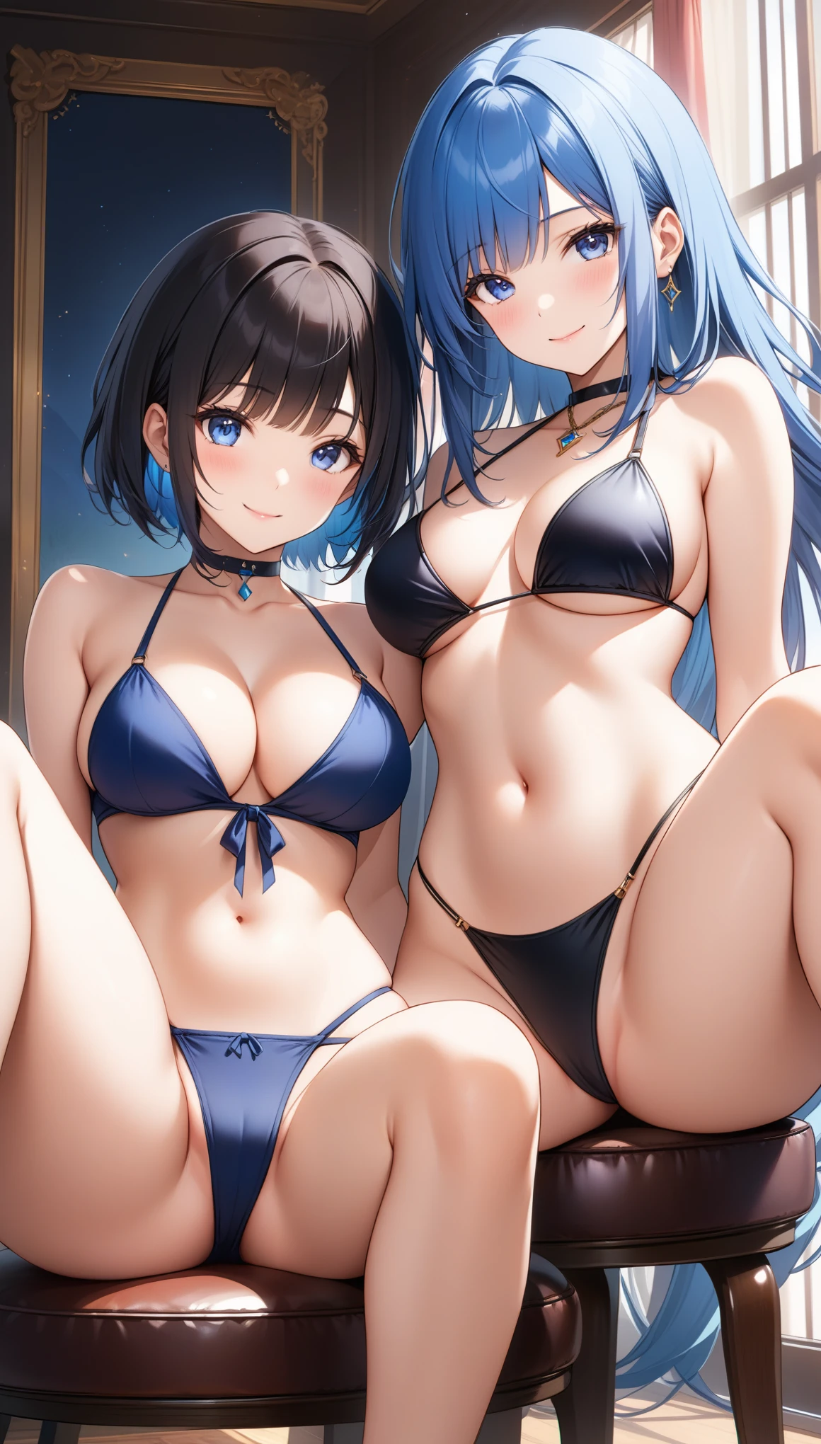 nsfw, ((2 girls)), (ideal ratio body proportions), very long hair, blue hair, ((curvy)), looking at viewer, blush, smile, bangs, cleavage, jewelry, (((black bikini))), ((medium breasts)), closed mouth, ((sit on chair)), (black hair), short hair, ((cowboy shot)), (((spread your legs wide))), ((32k)), ((best quality)), ((ultra high res)), ((HDR)), ((UHD)), ((extremely detailed CG)), ((unity 32k wallpaper)),