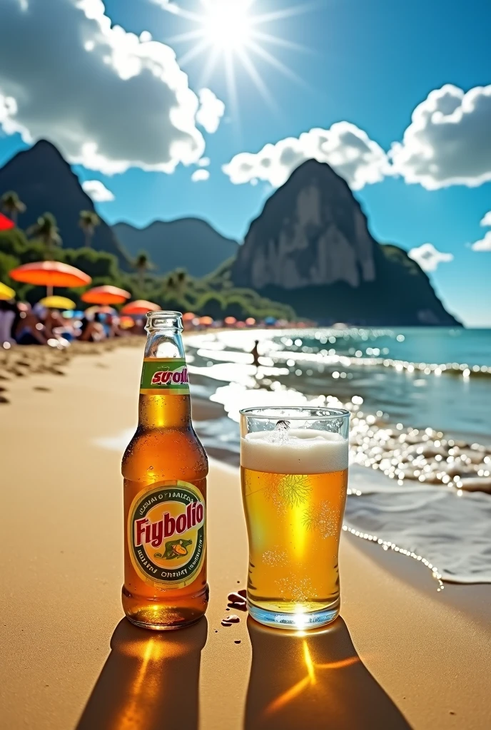 generates the beach of rio de janeiro with a bottle of beer on the sand in front