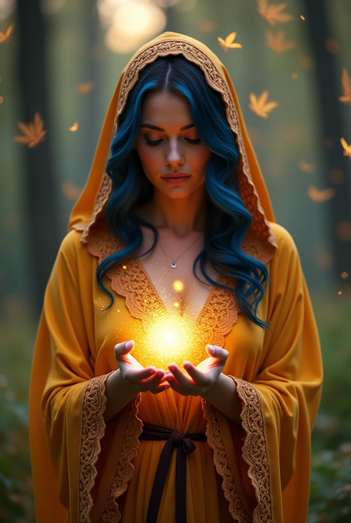 brunette woman. Looks 50 years old, Black hair highlighted with blue. Dressed in a golden hood with brown lace, around you shine small colorful fireflies, little fairies a magician doing magic with her hands from where they went a circular ball of light. The palms of the hands facing each other, right above left, and the ball of light in the middle of them like a large spiral of golden dust.