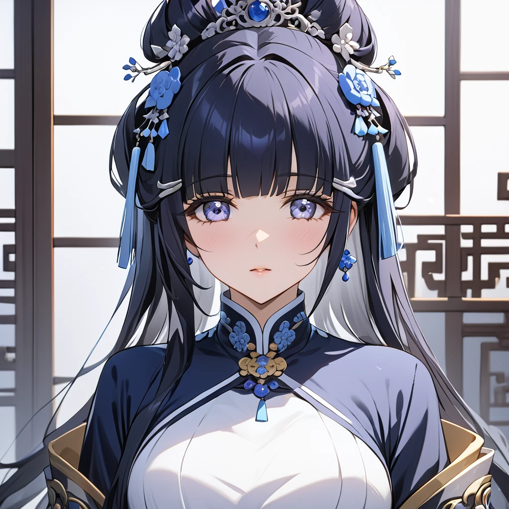 ((Highest quality)), ((masterpiece)), (detailed), （Perfect Face）、The woman is Aoki Reika, with midnight blue, medium-long hair, wearing the luxurious costume of an ancient Chinese empress and a gorgeous hair accessory.