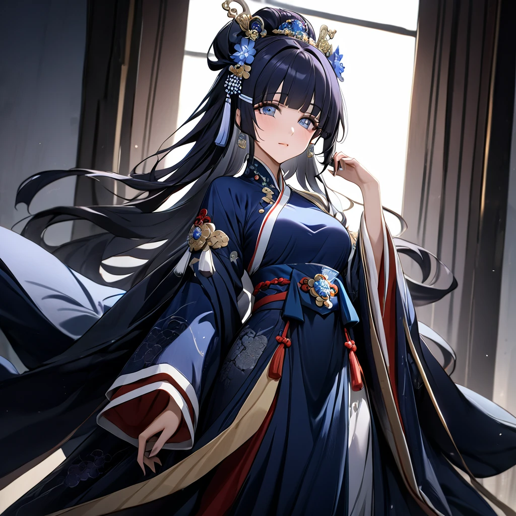 ((Highest quality)), ((masterpiece)), (detailed), (Perfect Face)、The woman is Aoki Reika, with midnight blue, medium-long hair, wearing the luxurious costume of an ancient Chinese empress and a gorgeous hair accessory.