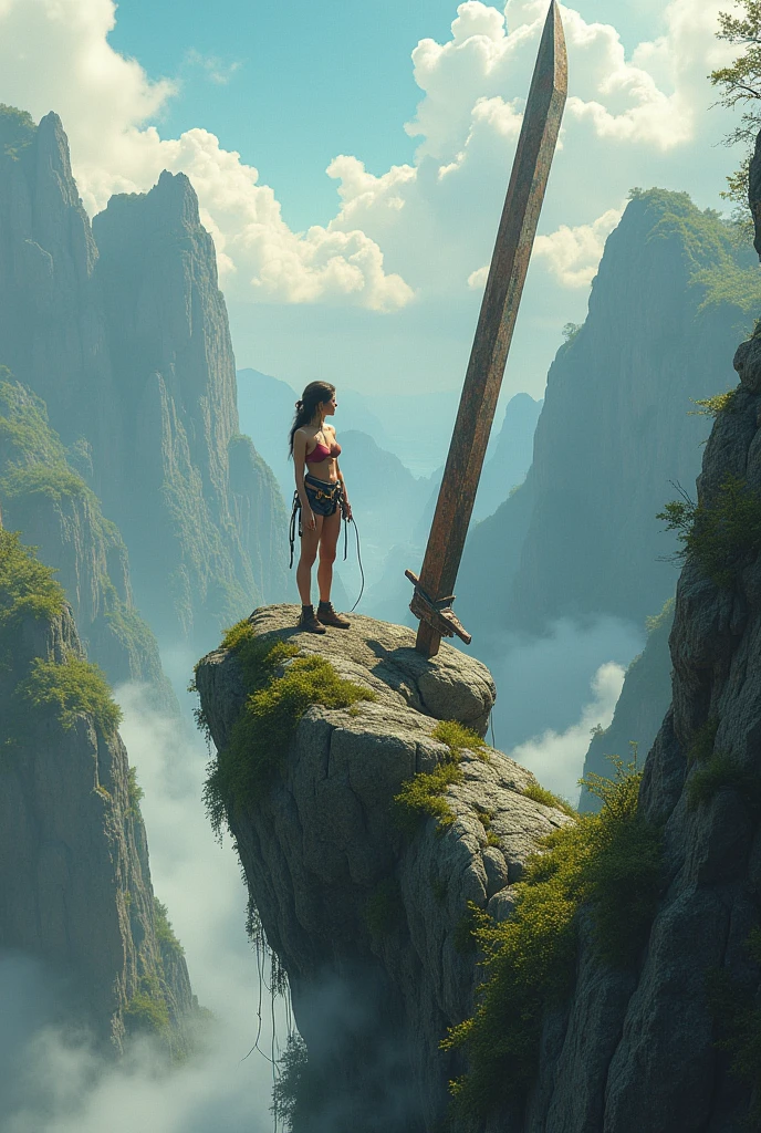
Vbarren
Remix
Prompts
Copy
Create a breathtaking, semi-realistic image that captures the awe-inspiring scene of a beautiful female climber standing among the remains of an ancient giant's fingers still gripping a giant weapon. | Visualize the female climber with a strong yet graceful presence, her athletic form highlighted by her climbing gear and rugged, weathered clothing. She stands confidently on the massive, weathered fingers of an ancient giant, which are partially buried in the earth and overgrown with moss and vines. The colossal hand is still gripping a massive, rusted weapon, such as a sword or spear, that stretches into the sky, symbolizing the immense power of the long-lost giant. | The setting is a remote, mystical landscape, with the ancient remains shrouded in mist and surrounded by a rugged, untamed environment. The climber looks out over the landscape, her expression a mix of awe and determination, as she takes in the scale of the giant'ss remnants. | The composition should evoke a sense of adventure and discovery, with the contrast between the human scale of the climber and the colossal size of the ancient hand and weapon highlighting the epic nature of the scene. The image should be visually stunning, blending semi-realistic detail with fantasy elements to create an immersive and awe-inspiring visual narrative.