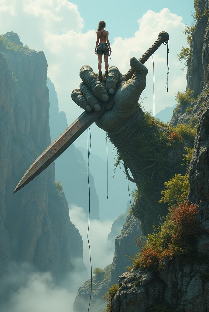 Vbarren
Remix
Prompts
Copy
Create a breathtaking, semi-realistic image that captures the awe-inspiring scene of a beautiful female climber standing among the remains of an ancient giant's fingers still gripping a giant weapon. | Visualize the female climber with a strong yet graceful presence, her athletic form highlighted by her climbing gear and rugged, weathered clothing. She stands confidently on the massive, weathered fingers of an ancient giant, which are partially buried in the earth and overgrown with moss and vines. The colossal hand is still gripping a massive, rusted weapon, such as a sword or spear, that stretches into the sky, symbolizing the immense power of the long-lost giant. | The setting is a remote, mystical landscape, with the ancient remains shrouded in mist and surrounded by a rugged, untamed environment. The climber looks out over the landscape, her expression a mix of awe and determination, as she takes in the scale of the giant'ss remnants. | The composition should evoke a sense of adventure and discovery, with the contrast between the human scale of the climber and the colossal size of the ancient hand and weapon highlighting the epic nature of the scene. The image should be visually stunning, blending semi-realistic detail with fantasy elements to create an immersive and awe-inspiring visual narrative.
