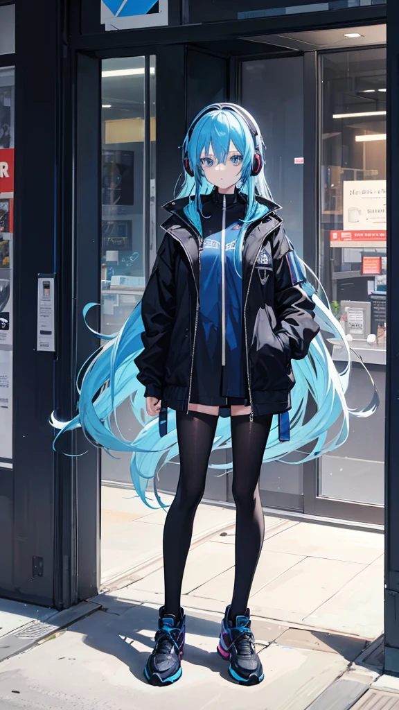 Create an anime girl that has long blue hair wearing a black jacket and behind the jacket she has a blue shirt that has headphones on her neck and appears in the city With a pose as if she were waiting for someone with her hands in her jacket pockets and her full body visible, she looks a little away from the camera.