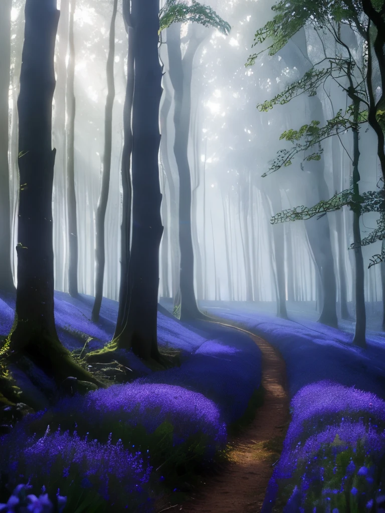 arafed forest with bluebells and trees in the morning, a photo by Charmion von Wiegand, flickr, fine art, in serene forest setting, magical forest in the background, really beautiful forest, beautiful forest, beautiful misty wood, german forest, in beautiful woods, extremely beautiful and ethereal, peaceful lushious forest, serene forest setting