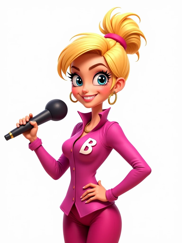 drawing of a blonde character with a hair tie and a microphone in her hand, TV presenter style. Colorful clothes in shades of pink, with the letter "B" on the shirt. 2D style drawing on a white background.