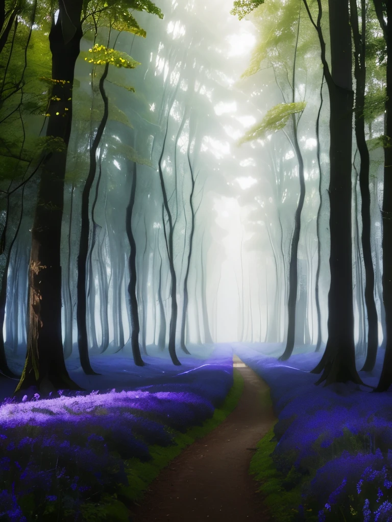 arafed forest with bluebells and trees in the morning, a photo by Charmion von Wiegand, flickr, fine art, in serene forest setting, magical forest in the background, really beautiful forest, beautiful forest, beautiful misty wood, german forest, in beautiful woods, extremely beautiful and ethereal, peaceful lushious forest, serene forest setting