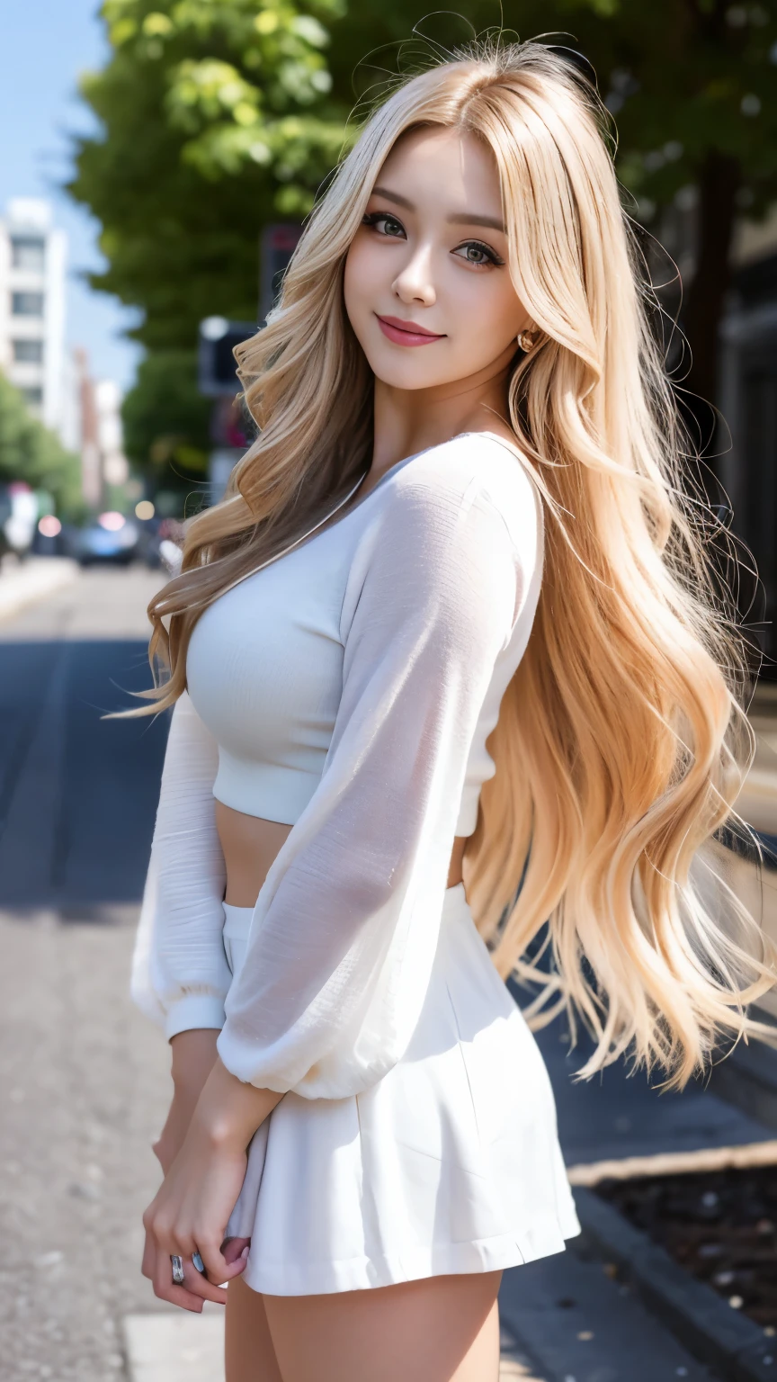 (RAW Photos,Realistic, Realistic: 1.4, masterpiece, Highest quality), 98k, 1 Beautiful Day Woman, alone, 20-year-old, Small face,Cute Smile, Large breasts, Beautiful Eyes、Platinum blonde long hair, Wavy Hair, (Highly detailed face and skin texture), White skin,,No sleeve, Micro Mini Skirt, street, Day, sunny Day, close, (Show Viewer:1.4)、Beauty、Beautiful legs、I can see her panties、