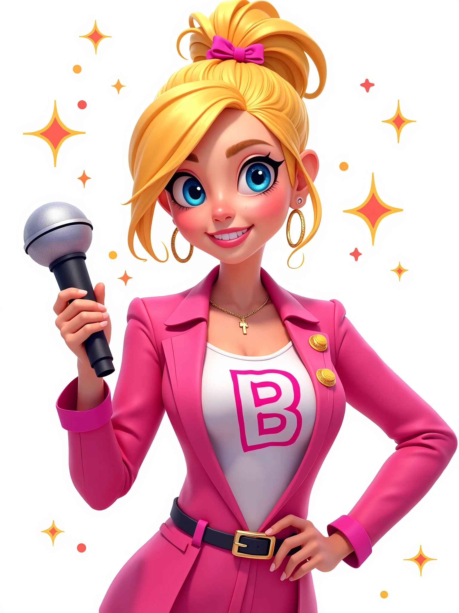 drawing of a blonde character with a hair tie and a microphone in her hand, TV presenter style. Colorful clothes in shades of pink, with the letter "B" on the shirt. 2D style drawing on a white background.