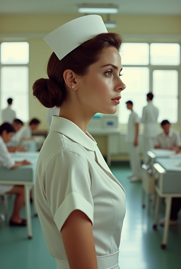 1970&#39;s nurse in uniform in profile with brown hair