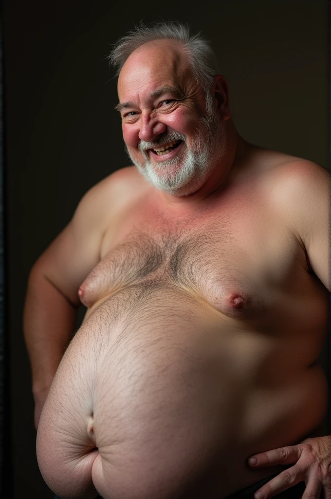 Man, naked, fat man, old man, round belly, looking at camera, lewd laugh, giving blowjob, close-up of face