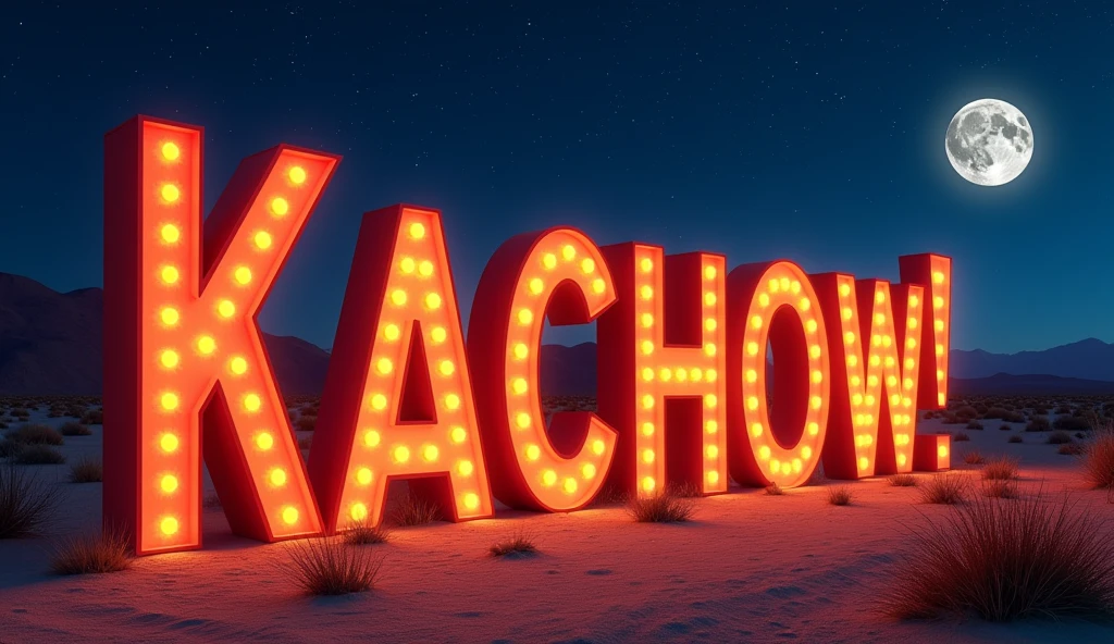 letters that say "Kachow!" Inspired by the movie Cars, Let it be a starry night on the sandy road where the movie takes place, that the road is noticeable as if it were taken from a movie. That between everything that is between quotation marks "Kachow!"
So, but the letters do not shine with spotlights or LED lights, that are illuminated by the light of the moon and that are red with yellow and that are not inclined