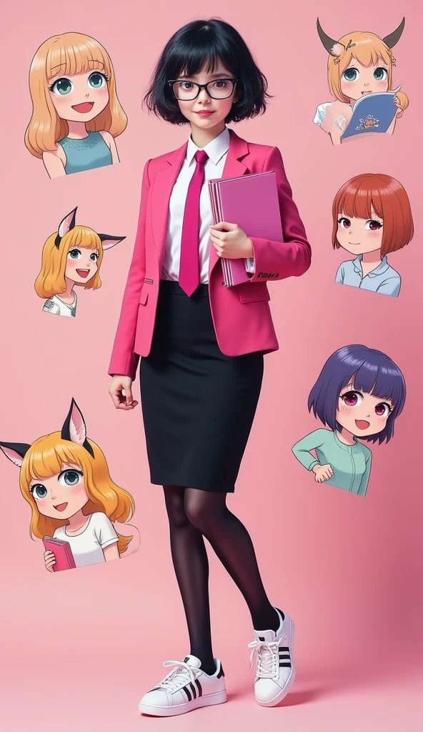 The young woman short black hair and pink eyes wear a pink suit, white shirt, magenta necktie, black pencil skirt, black underpants, black tights, black socks, adidas white sneakers.

She wear glasses and hold the pink file book, Her eyes are dazzled and smiled, cartoon novel, 4K, HD