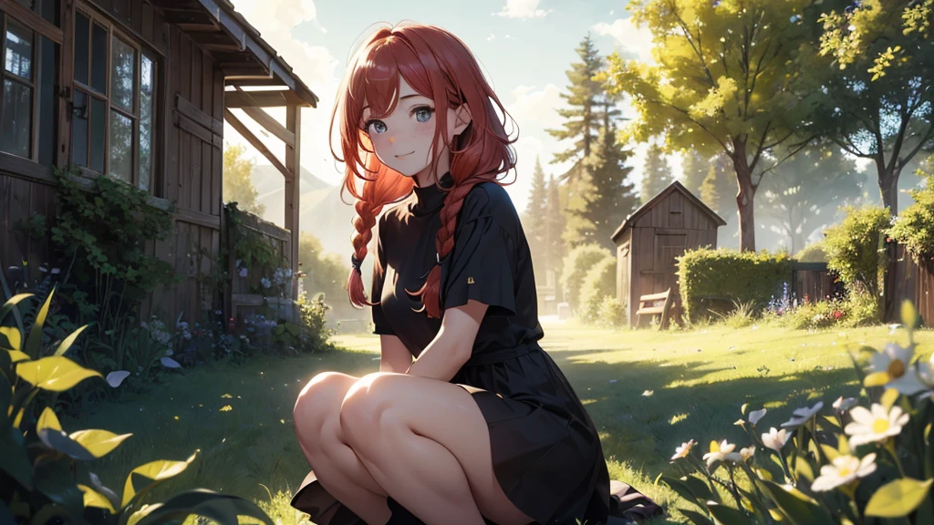 ((masterpiece,best quality,ultra detailed,ultra high res,detailed country yard background)), soft realistic focus, dynamic shadows, realistic image, vibrant colors,light leaks,dreamy atmosphere,chiaroscuro,BREAK
experimental charm, The girl is depicted in full growth, you see the girl from head to toe, nostalgic appeal, country girlfriend, she take you with yourself, simple open short dress, soft mischievous smile, freckles, shiny light red hair, she will take your hand, thick braids, slow chill electronic music