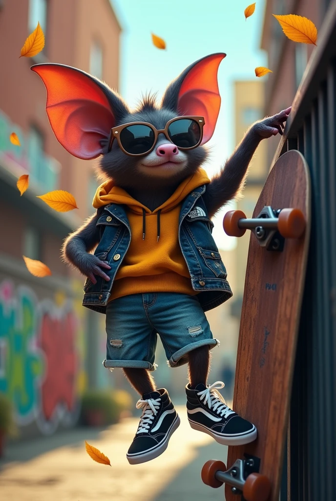 Bat with a pair of jean shorts ,a North Face vest and some Vans knu